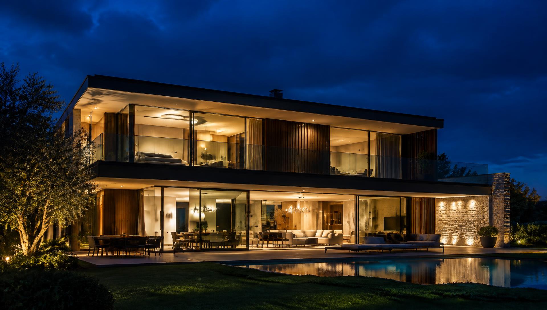 Villa contemporaine éclairée de nuit